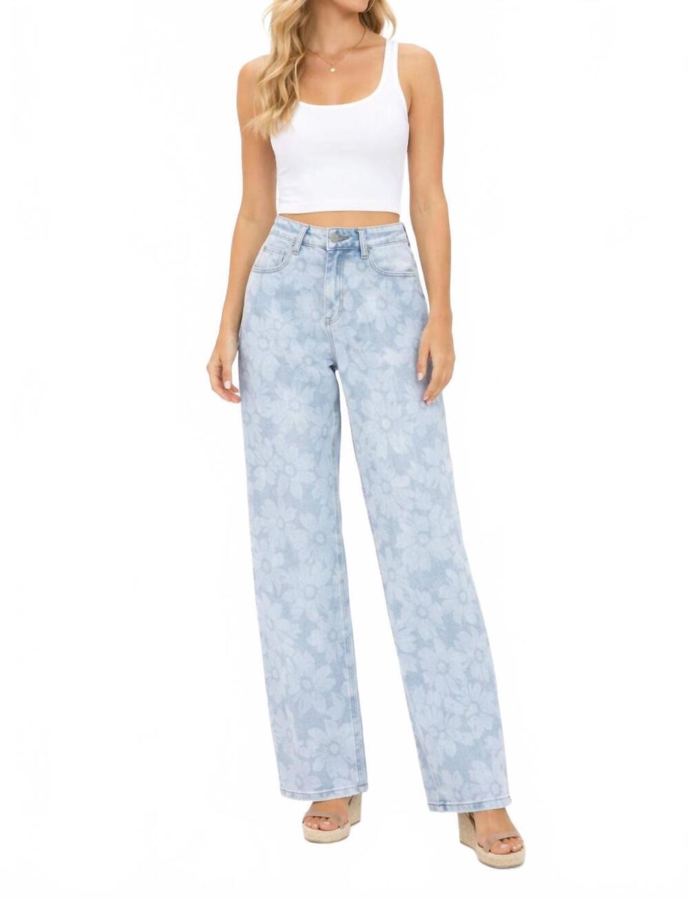 NEW RISEN sunwashed petal floral wide leg jean in light denim